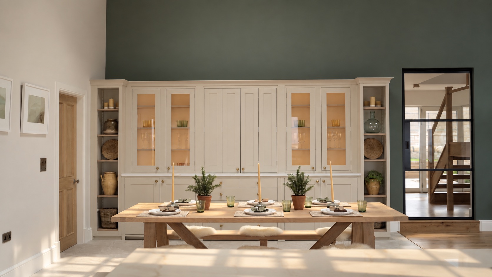 Timber dining table and framed exterior view