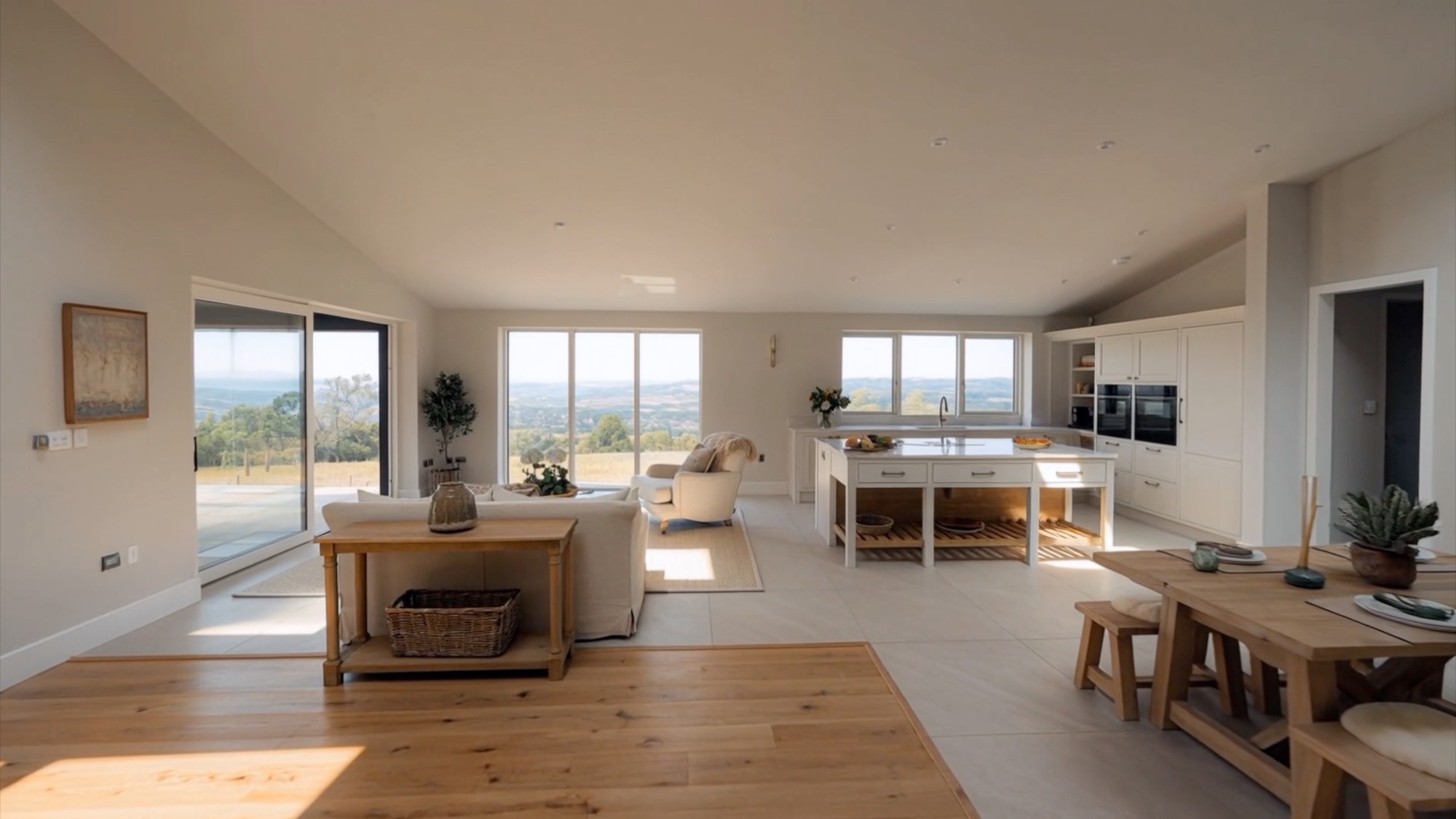 Soft neutral living space opening towards the Eastland Banks landscape